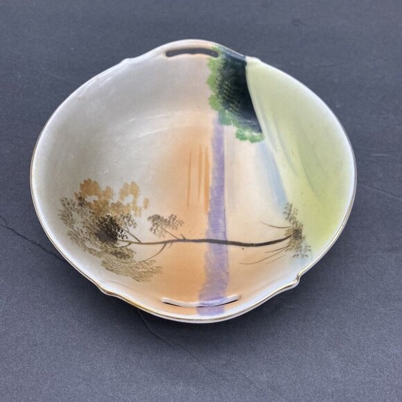 Vtg Meito China Bowl Dish Japan Hand Painted Landscape Lake 2‎ Handle 1930s 40s - Picture 5 of 11